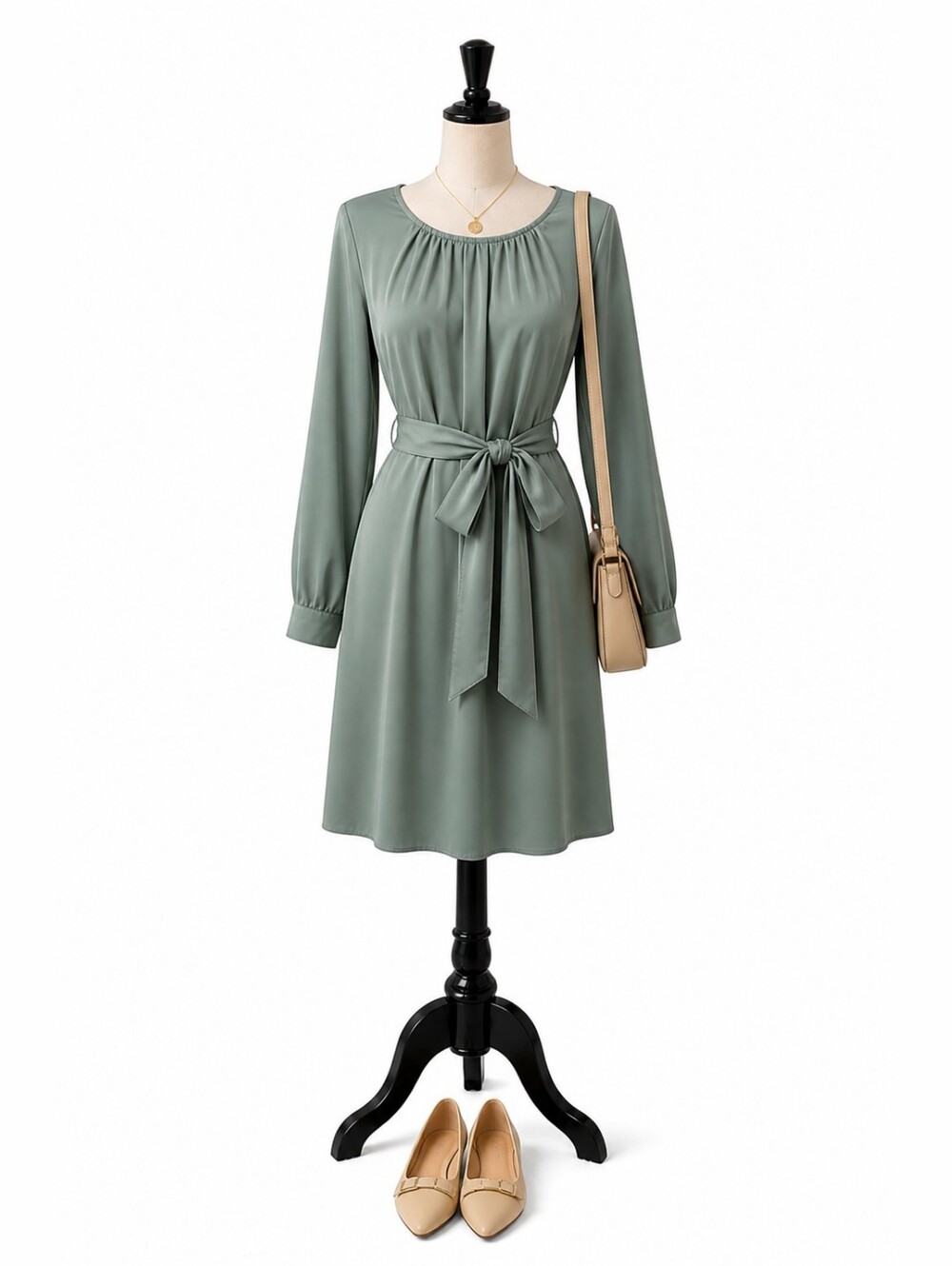 Olive Long-Sleeve Tie-Waist Midi Dress